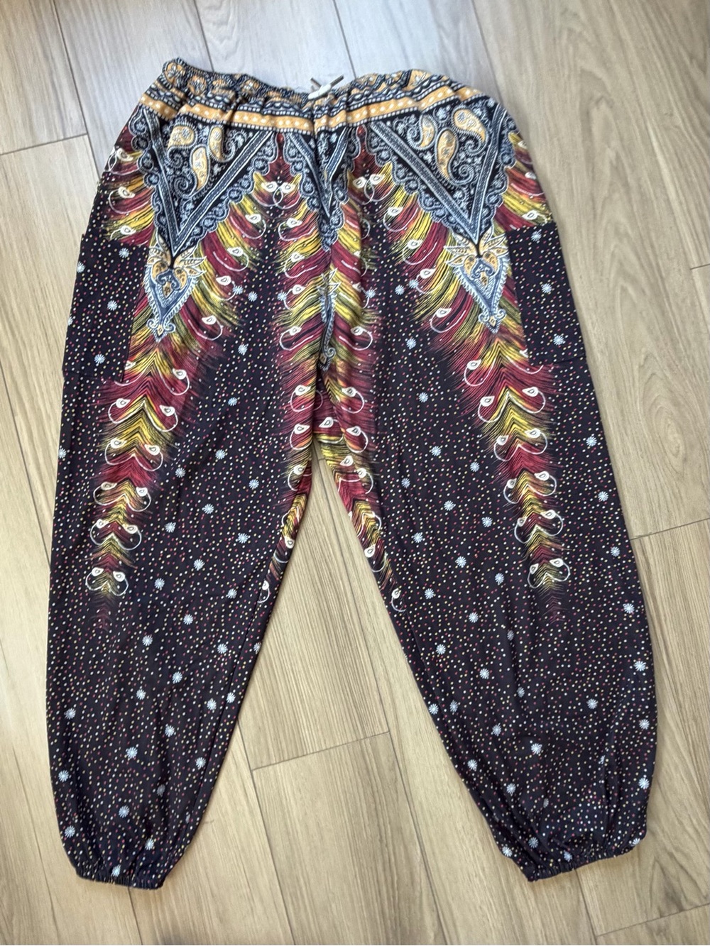Qianxizhan Boho Printed Harem Pants in Burgundy, Mustard & black sz XL